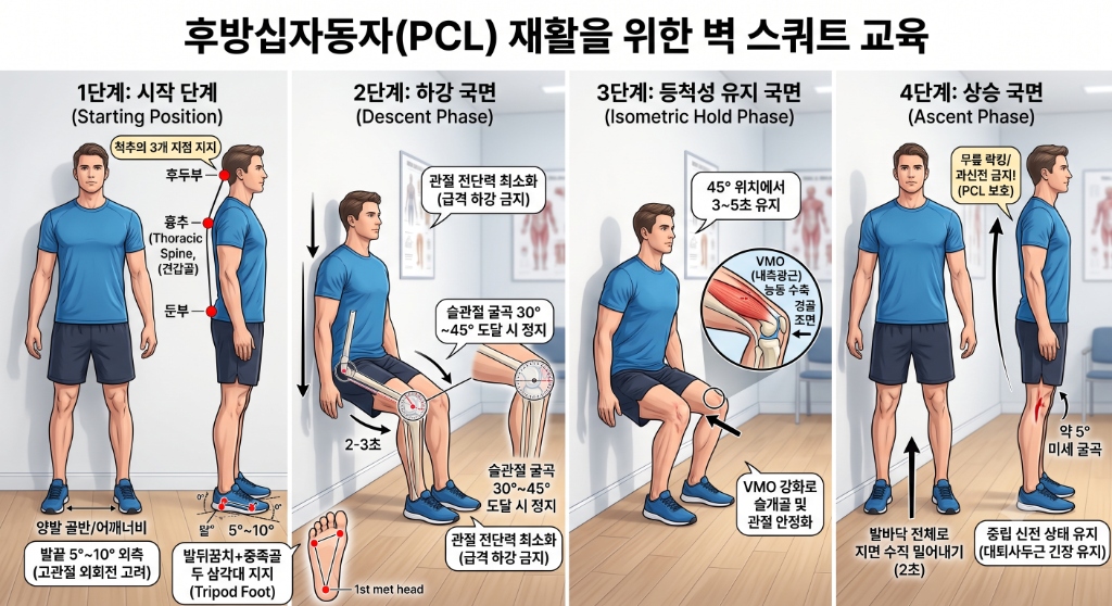 후방십자인대(PCL) 재활을 위한 벽 스쿼트 4단계 실천 가이드